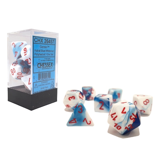 Astral Blue-White with Red Gemini Polyhedral 7-Die Set Chessex CHX26457