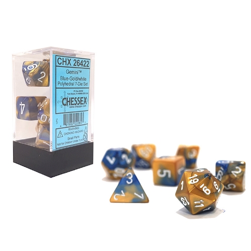 Blue-Gold with White Gemini Polyhedral 7-Die Set Chessex CHX26422