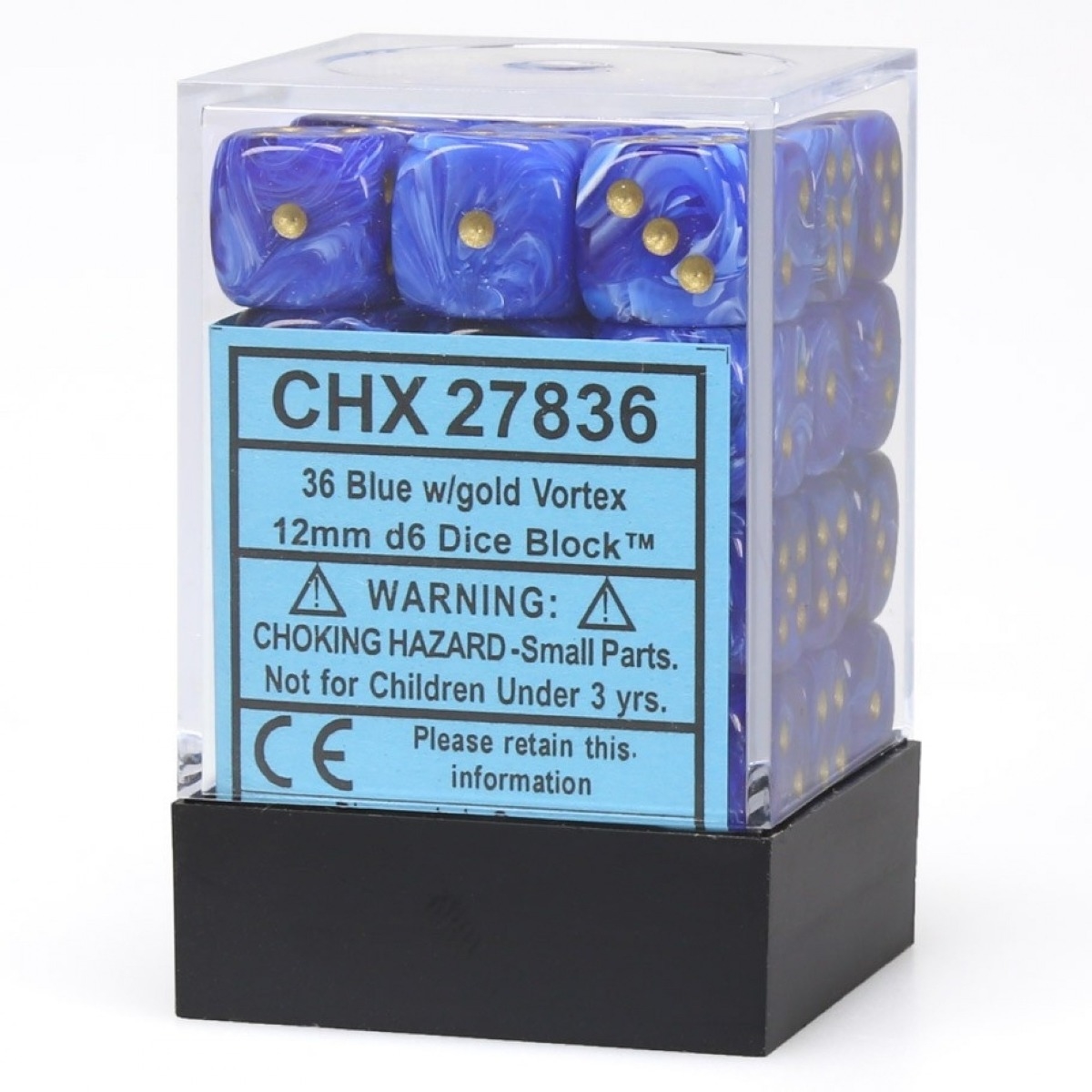 Blue with Gold Vortex 12mm d6 Dice Block Chessex (36 Dice) CHX27836