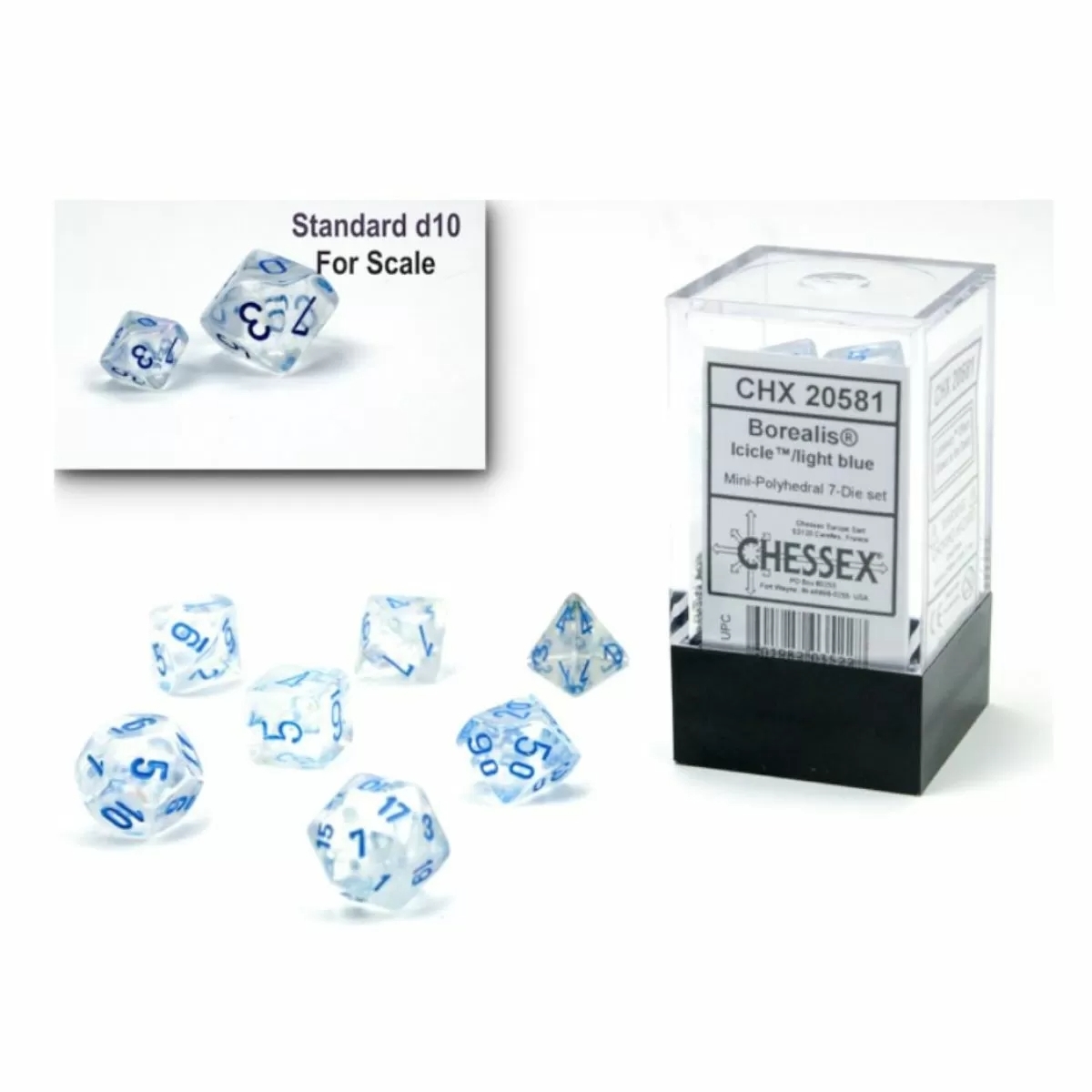 Icicle with Light Blue Borealis Luminary Mini-Polyhedral 7-Die Set Chessex CHX20581