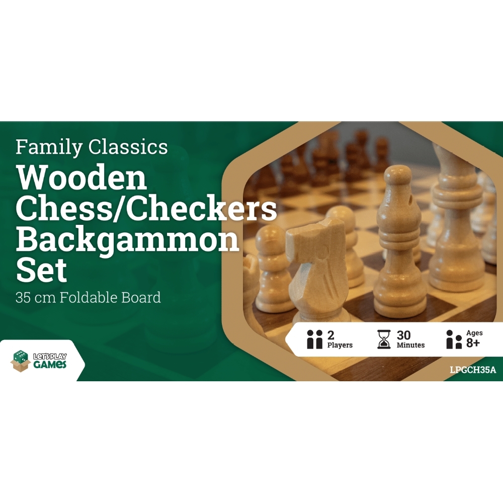 Let's Play Games Wooden Chess/Checkers Backgammon Set - 35cm Foldable Board