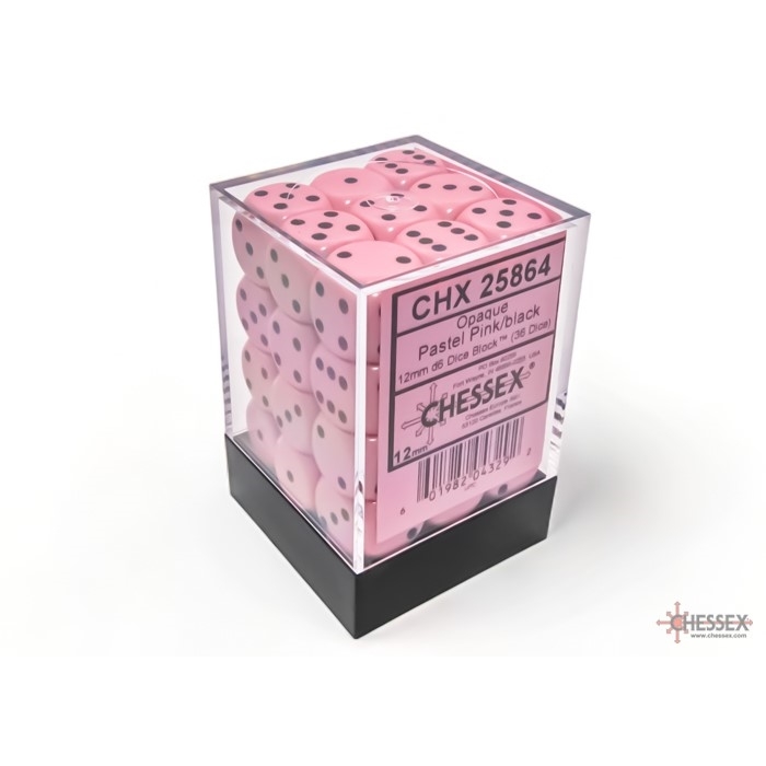 Pastel Pink with Black Opaque 12mm d6 Dice Block Chessex (36 Dice) CHX25864