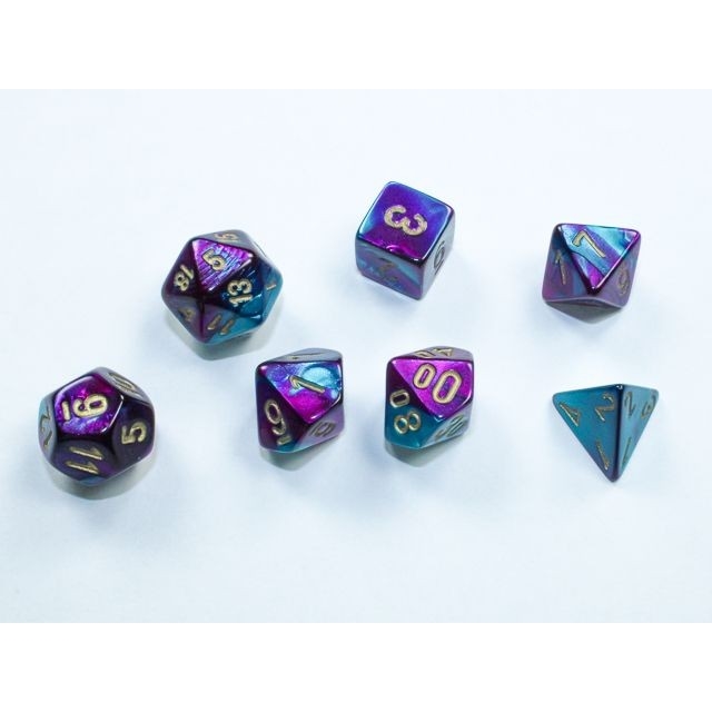 Purple-Teal with Gold Gemini Mini-Polyhedral 7-Die Set Chessex CHX20649