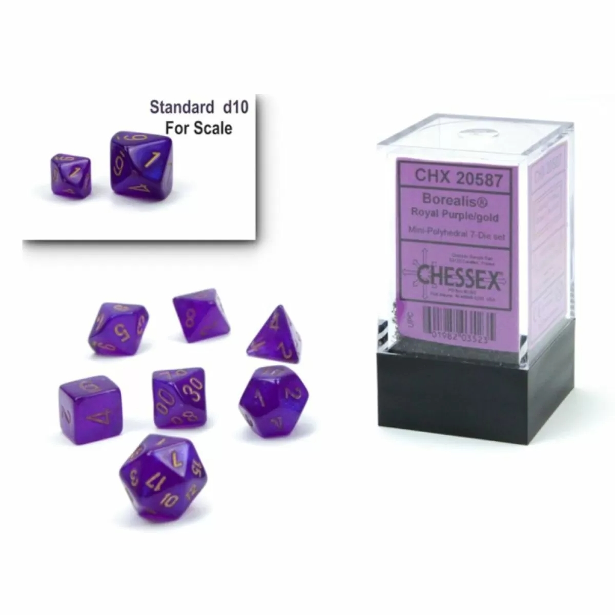 Royal Purple with Gold Borealis Luminary Mini-Polyhedral 7-Die Set Chessex CHX20587