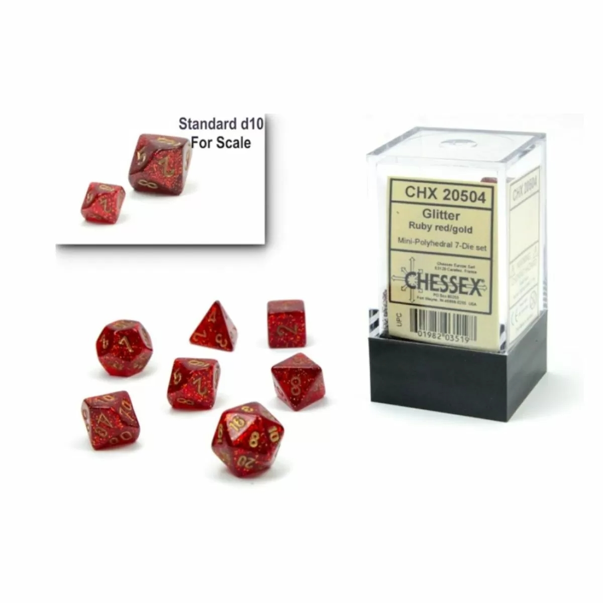Ruby Red with Gold Glitter Mini-Polyhedral 7-Die Set Chessex CHX20504