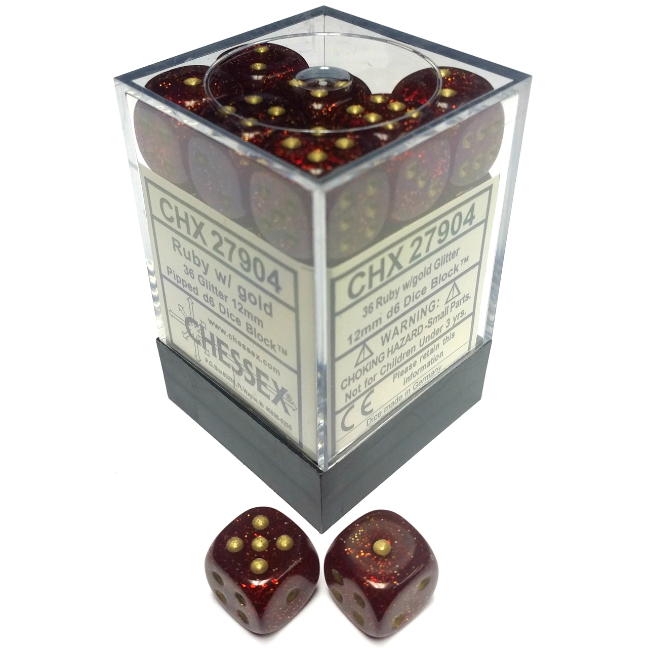 Ruby with Gold Glitter 12mm d6 Dice Block Chessex (36 Dice) CHX27904