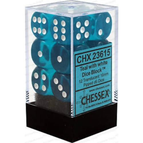 Teal with White Translucent 16mm d6 Dice Block Chessex (12 Dice) CHX23615